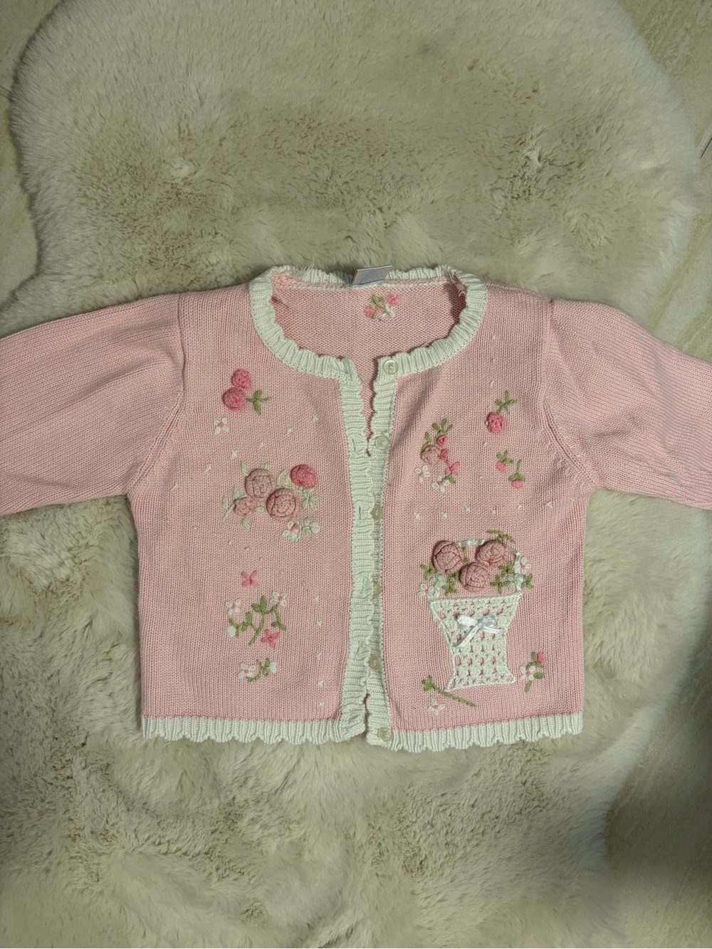 Girls Pink Floral Embroidered Knit Cardigan with White Trim - Size 5T